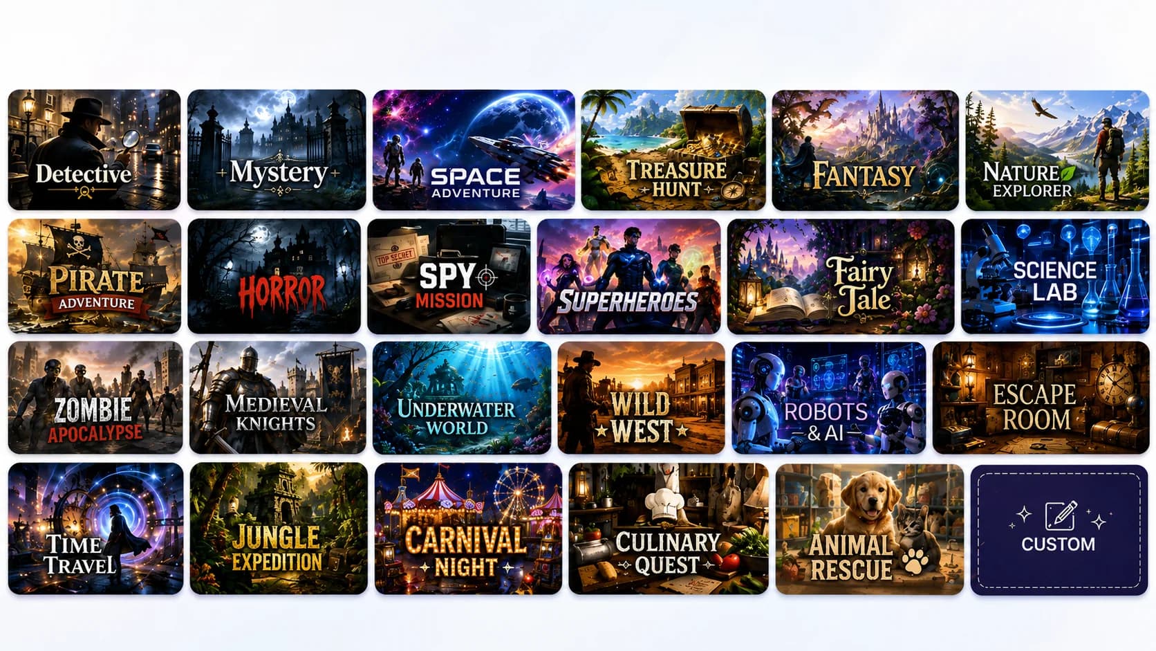 Quest adventure themes: detective, treasure hunt, escape room, pirate and more