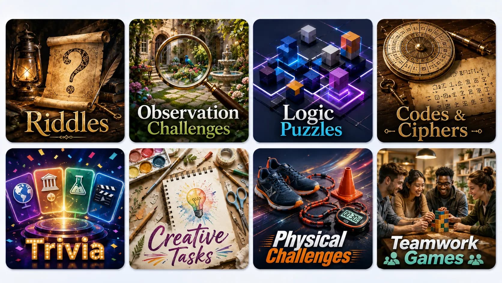 Quest task types: riddles, observation, logic, ciphers and active challenges